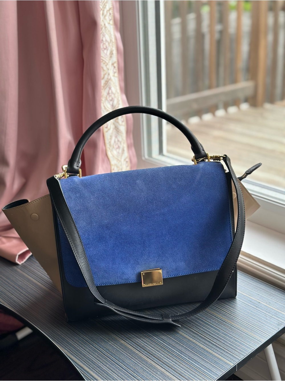 Celine Cobalt/Black/Cream Tri-Color Smooth Leather And Suede Small Trapeze Bag